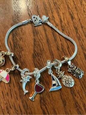 Silver Charm Bracelet with Nautical & Tropical Charms - Blue, Gold, Red Accents